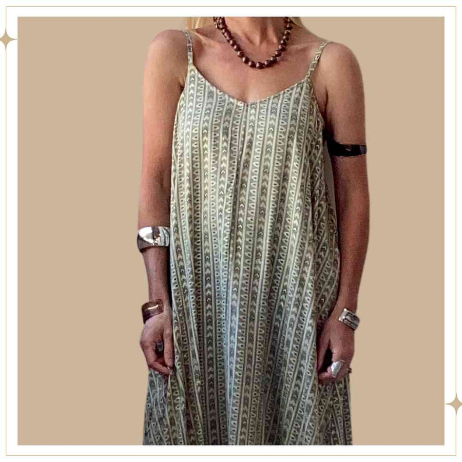 Slip Dress - Tribal Elegance - Greyish Green + Gold