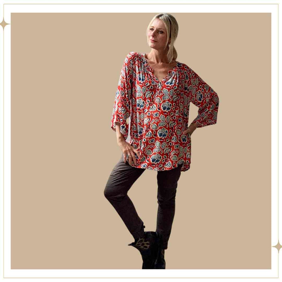 JAMILA blouse - Red/Blue Floral